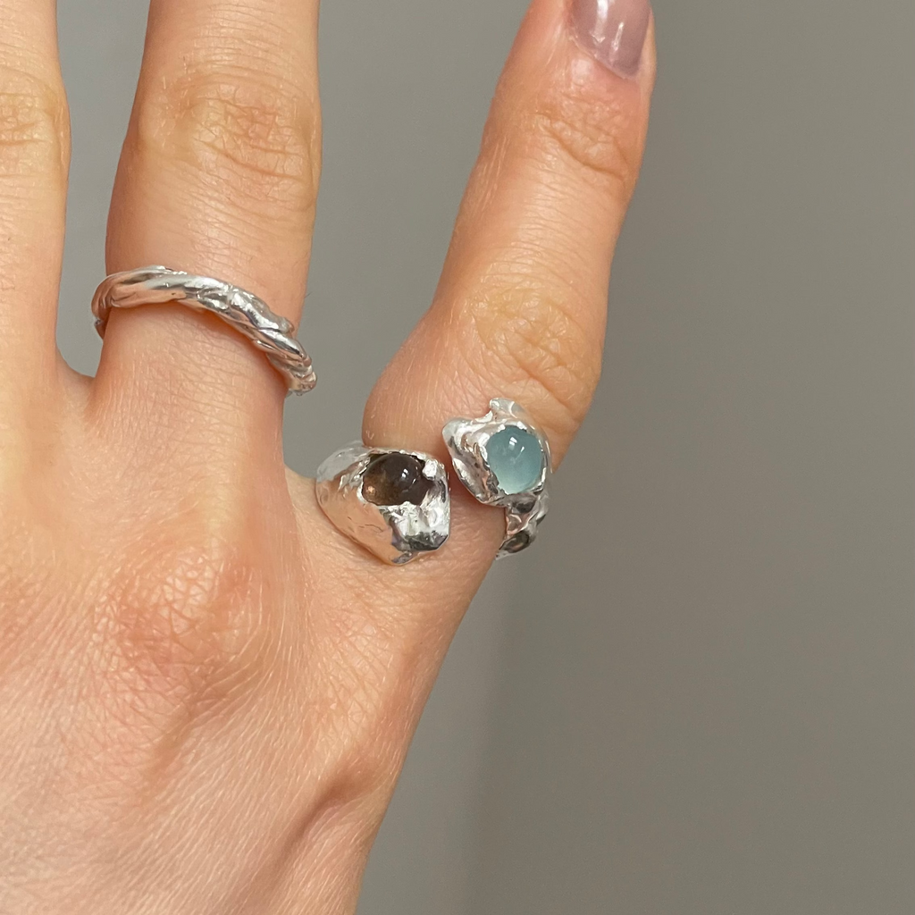 all rivers jewelry smoky blue ring sterling silver ring wit natural stones calcedony and smoky quartz
